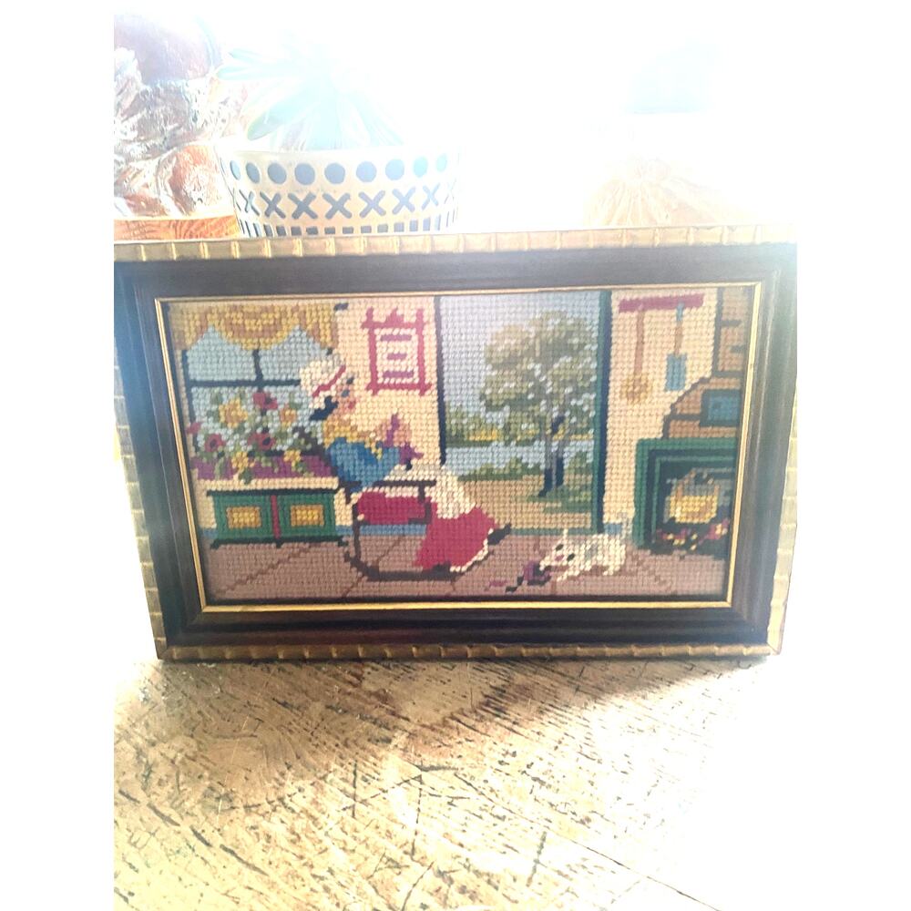 Vintage Needlepoint picture women in rocking chair kniting